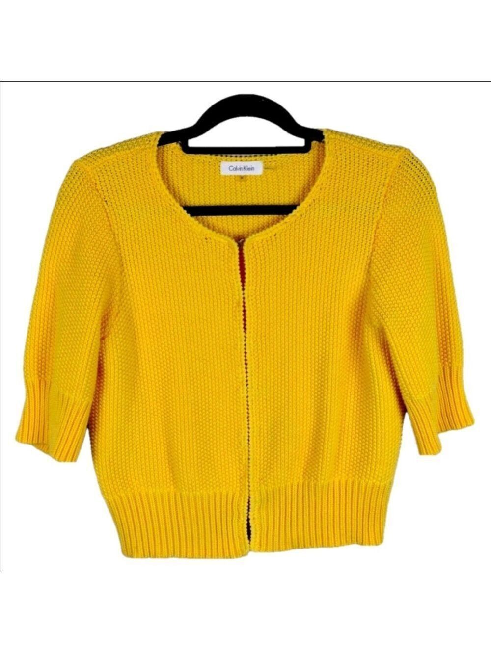 Calvin Klein Yellow Knit Round Neckline Hook Front Three-Quarter Sleeve Cardigan